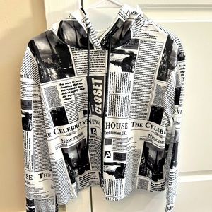 Women’s newspaper print, long sleeve drawstring hoodie